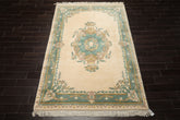 6x9 Ivory, Turquoise, Gold Color Hand Knotted French Aubusson Savonnerie Wool Traditional Oriental Rug